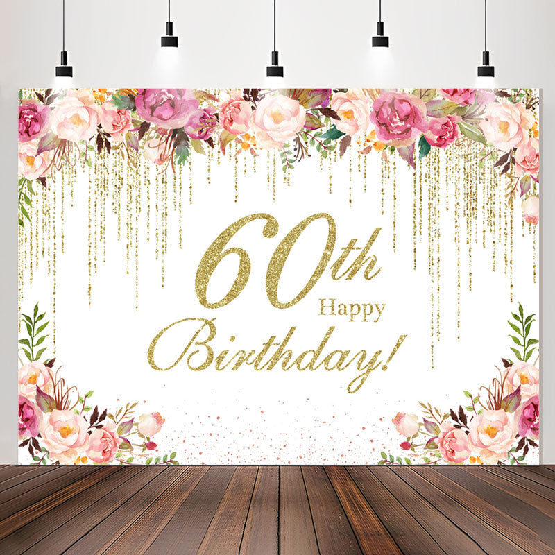 Lofaris Flower Splashed Gold 60th Happy Birthday Backdrop