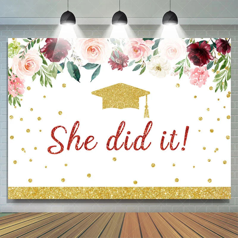 Lofaris Flowers And Glitter Golden She Did It Grad Backdrop