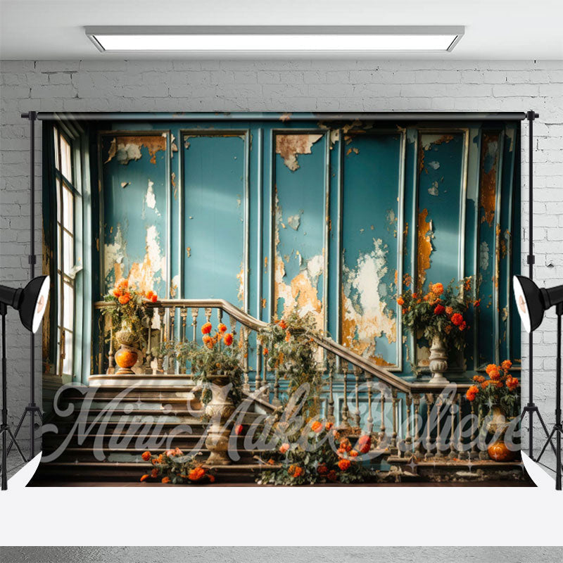 Lofaris Flowers Blue Distressed Room Retro Wall Backdrop