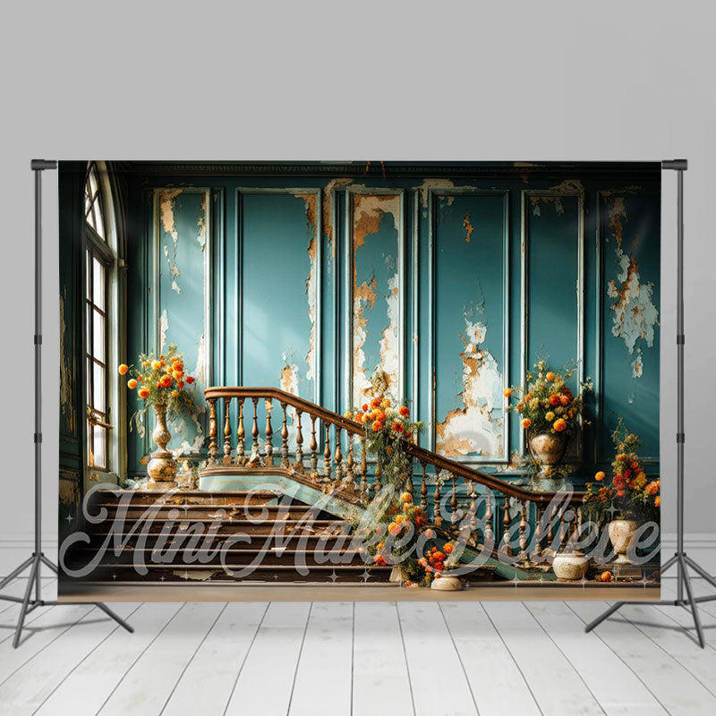 Lofaris Flowers Blue Distressed Stairs Retro Wall Backdrop