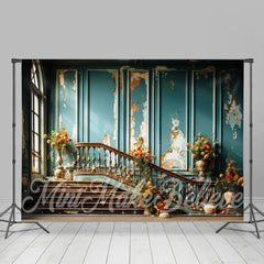 Lofaris Flowers Blue Distressed Stairs Retro Wall Backdrop