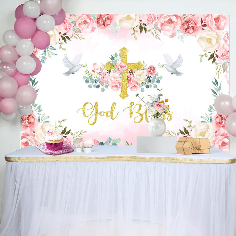 Lofaris Flowers Pigeon God Bless Girls Baptism Backdrop