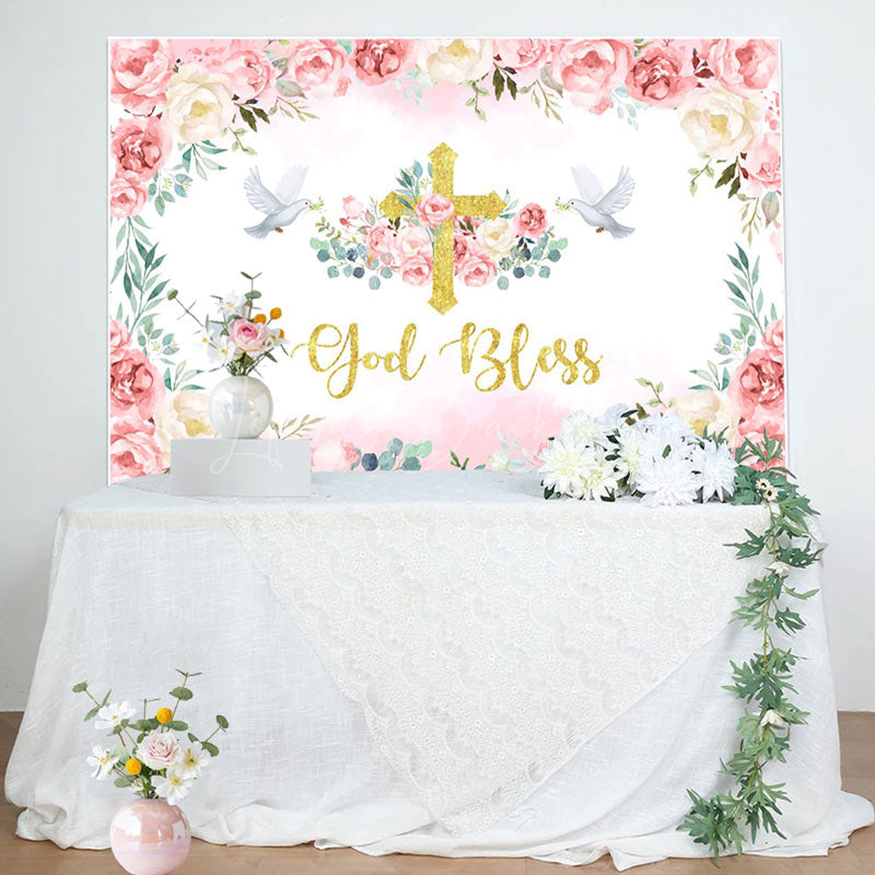 Lofaris Flowers Pigeon God Bless Girls Baptism Backdrop