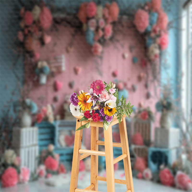 Lofaris Flowers Pink Wooden Board Hearts Valentine Backdrop