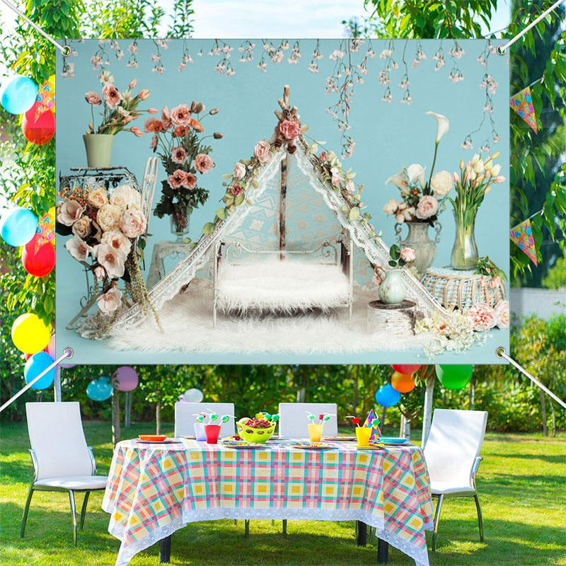 Lofaris Fluffy Blanket Floral Birthday Cake Smash Backdrop