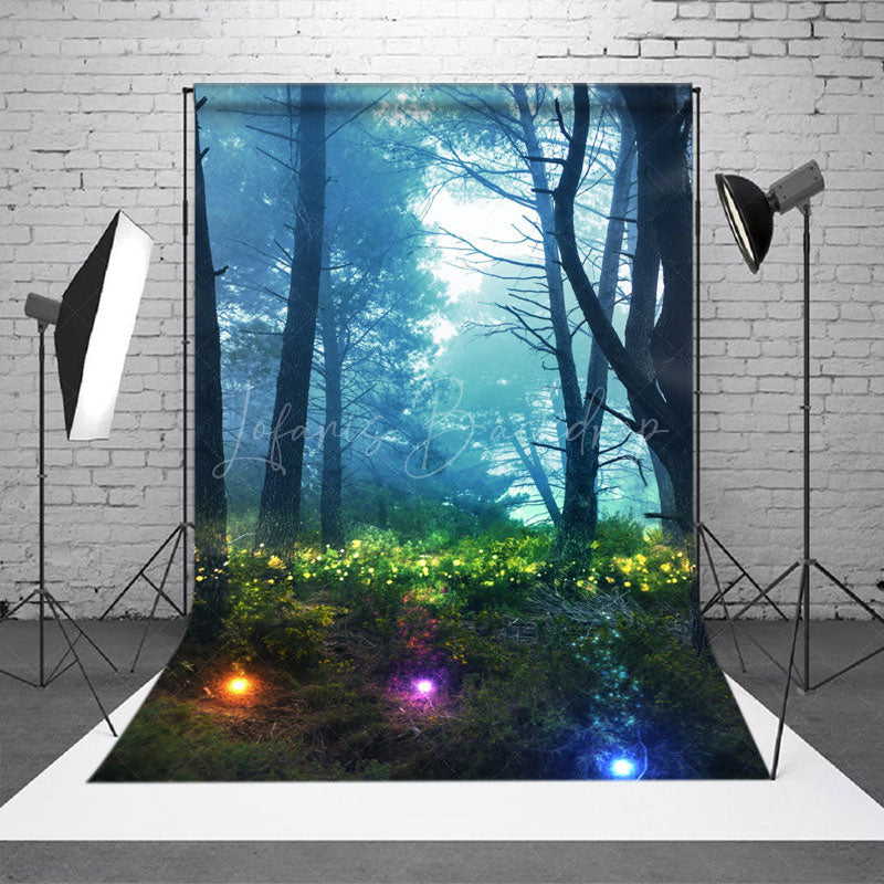 Lofaris Foggy Forest Grass Tree Light Photo Booth Backdrop