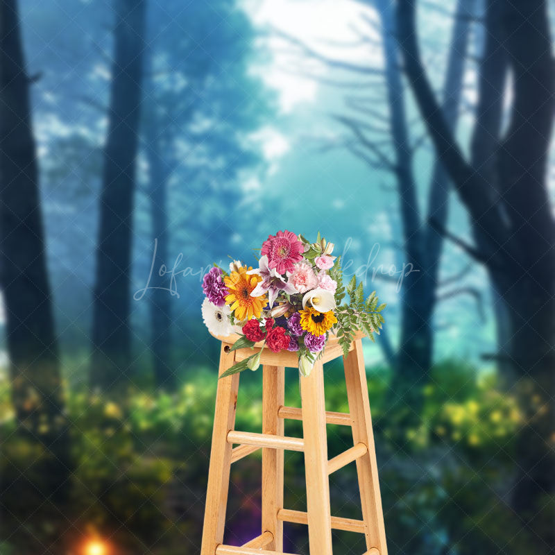 Lofaris Foggy Forest Grass Tree Light Photo Booth Backdrop