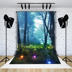 Lofaris Foggy Forest Grass Tree Light Photo Booth Backdrop