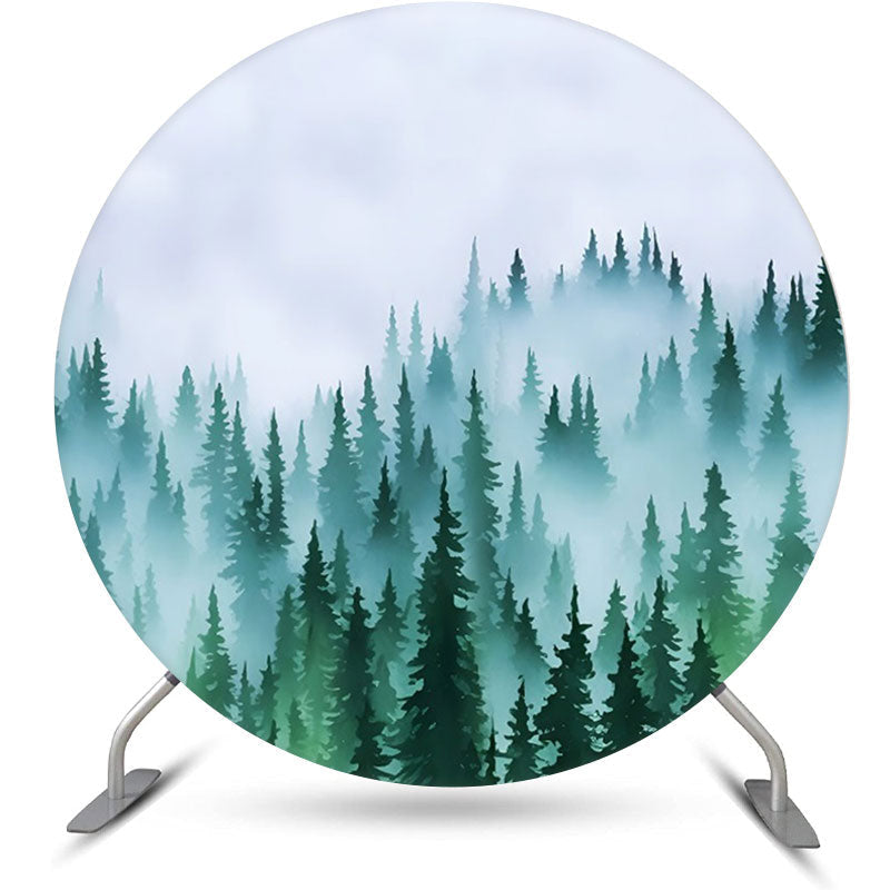 Lofaris Foggy Forest Pine Tree Round Birthday Party Backdrop