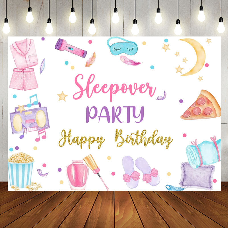 Lofaris Food Bedgown Sleepover Party Happy Birthday Backdrop