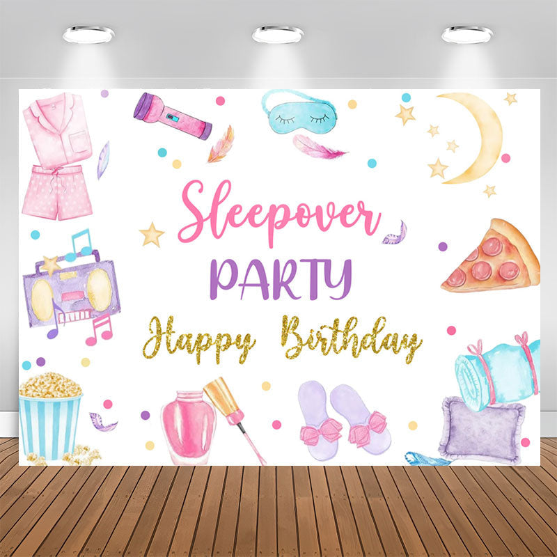 Lofaris Food Bedgown Sleepover Party Happy Birthday Backdrop