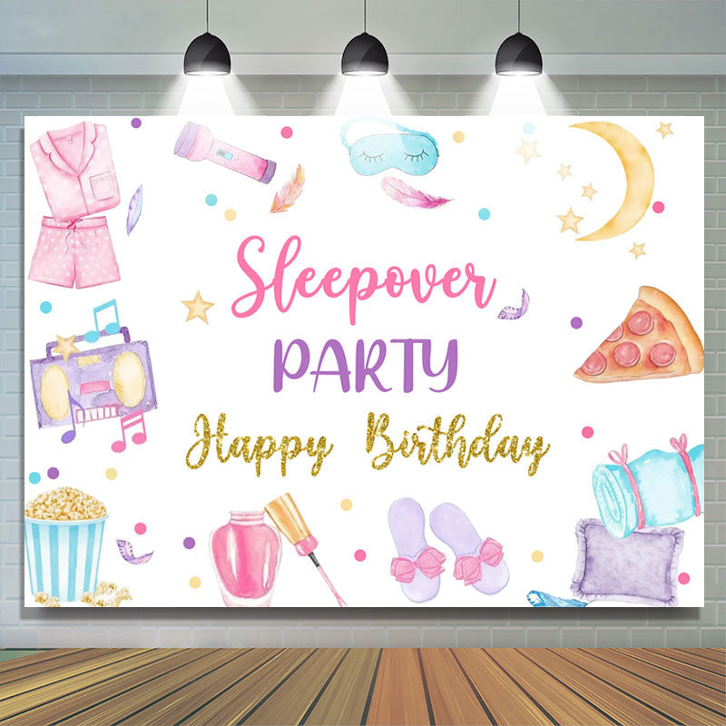 Lofaris Food Bedgown Sleepover Party Happy Birthday Backdrop