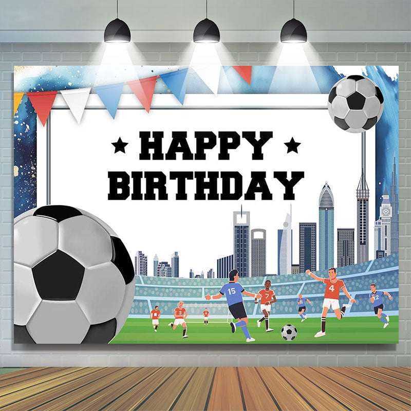 Lofaris Football Field Building Flag Happy Birthday Backdrop