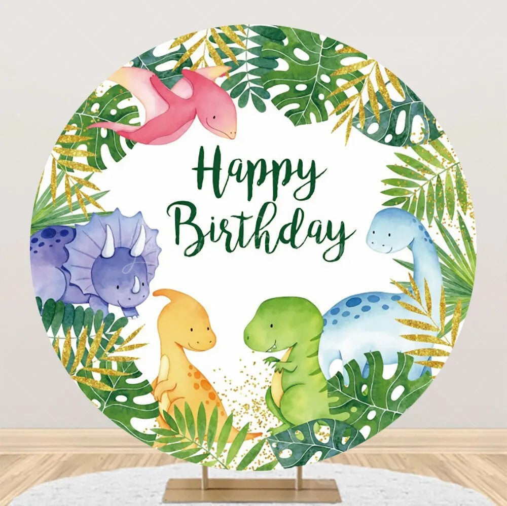 Lofaris Forest Colorful Dinosaurs Round Birthday Backdrop