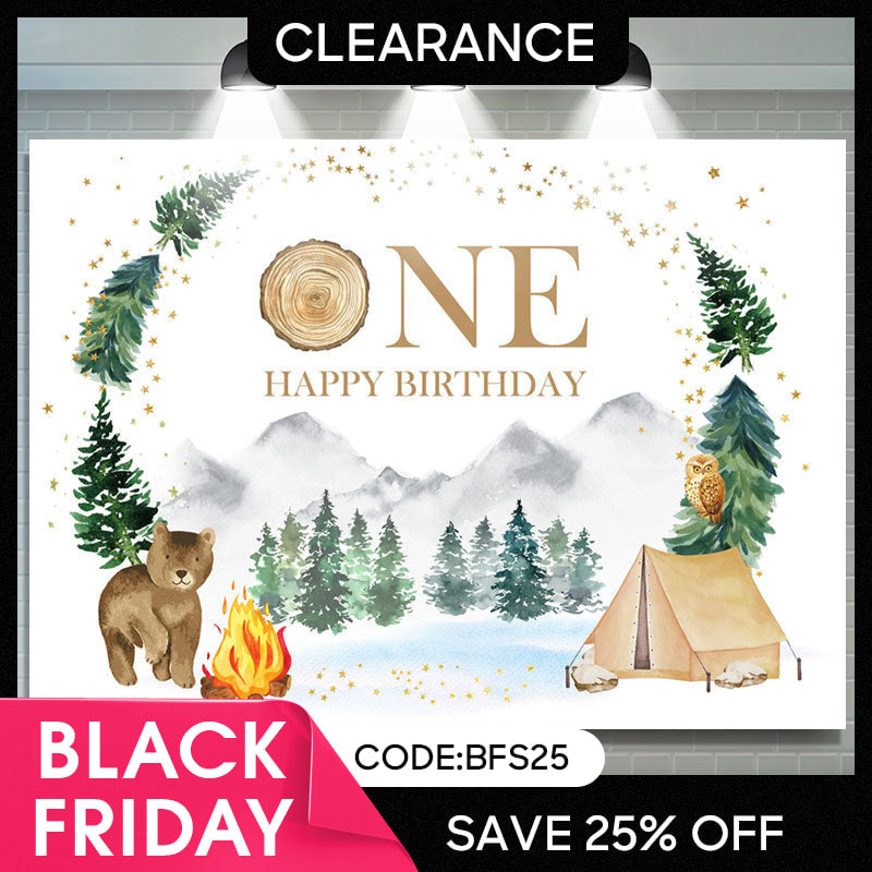 Lofaris (Ship In 24HR) Forest Bear Camping 1st Birthday Backdrop For Boy