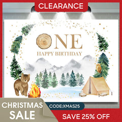 Lofaris (Ship In 24HR) Forest Bear Camping 1st Birthday Backdrop For Boy