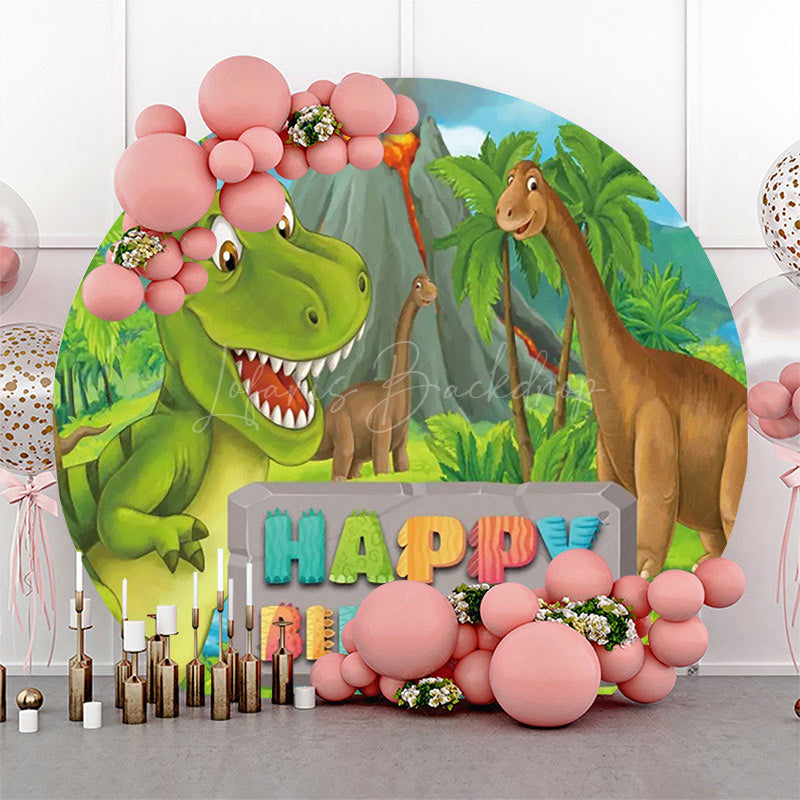 Lofaris Forest Mountain Dinosaurs Round Birthday Backdrop