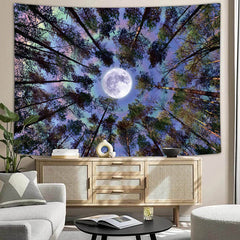 Lofaris Forest Tall Tree Moon Light Bokeh Wall Tapestry