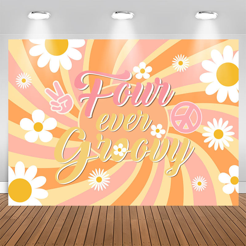 Lofaris Four Ever Groovy Sun Floral 4th Birthday Backdrop