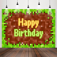 Lofaris Game Pixel Green Brown Boy Happy Birthday Backdrop