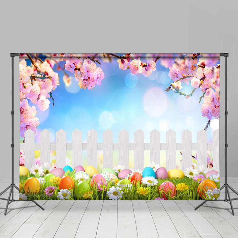 Lofaris Garden Colorful Eggs Fence Blue Sky Easter Backdrop