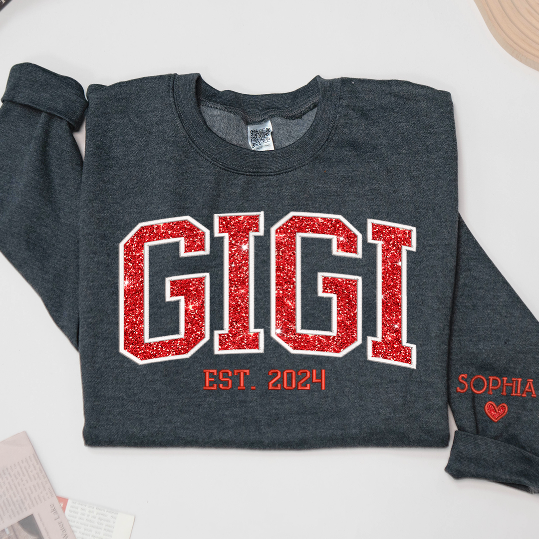 Lofaris Gigi Glitter Embroidered Custom Grandkids Sweatshirt