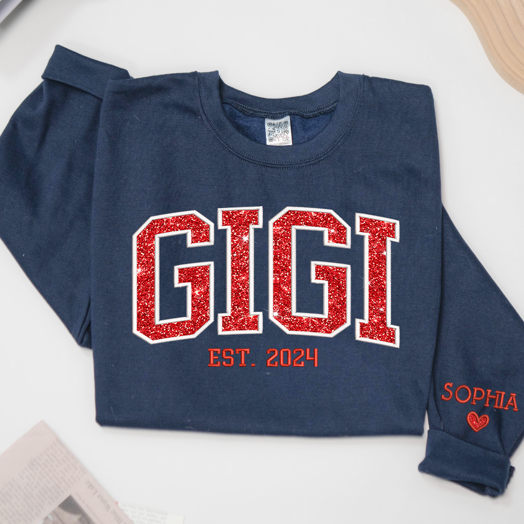Lofaris Gigi Glitter Embroidered Custom Grandkids Sweatshirt