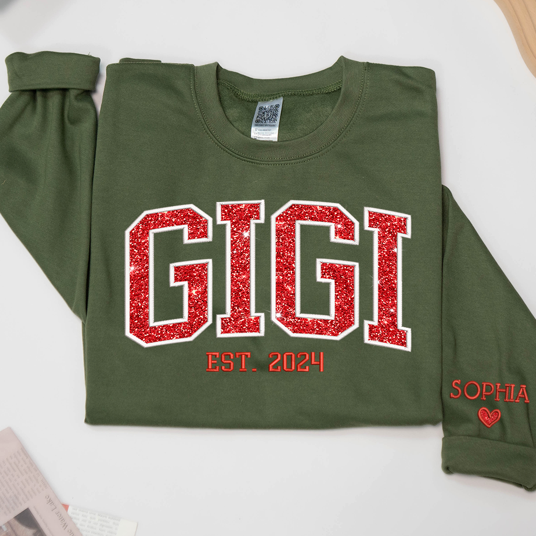 Lofaris Gigi Glitter Embroidered Custom Grandkids Sweatshirt