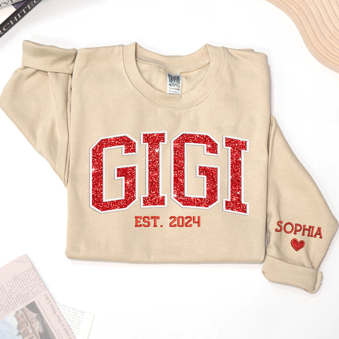 Lofaris Gigi Glitter Embroidered Custom Grandkids Sweatshirt
