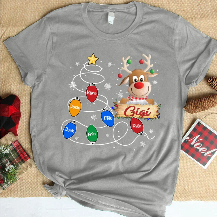 Lofaris Gigi Reindeer And Grandkids Lights Christmas T-Shirt