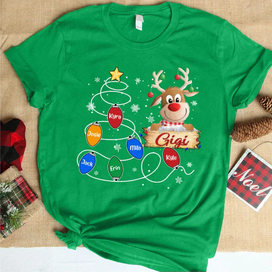 Lofaris Gigi Reindeer And Grandkids Lights Christmas T-Shirt