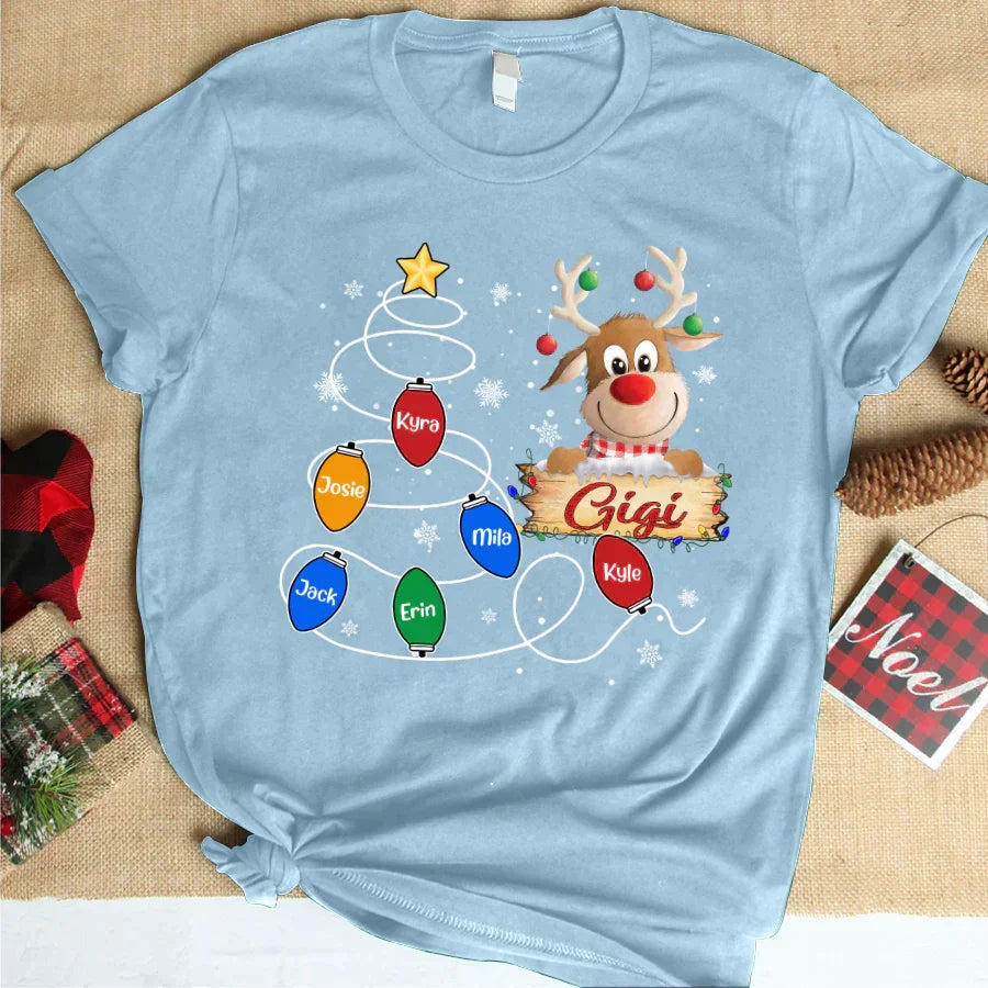 Lofaris Gigi Reindeer And Grandkids Lights Christmas T-Shirt
