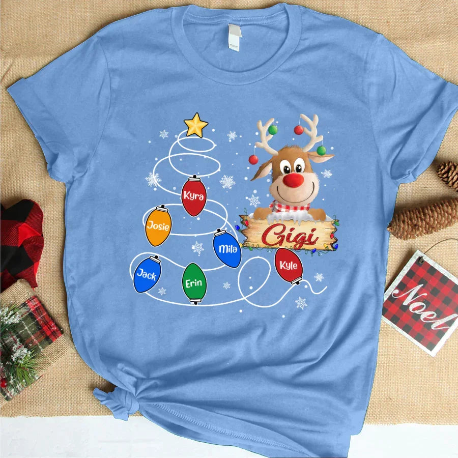 Lofaris Gigi Reindeer And Grandkids Lights Christmas T-Shirt