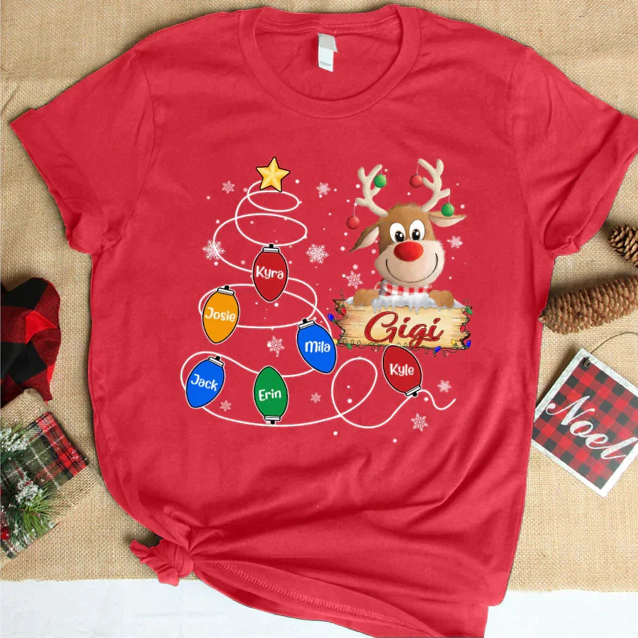 Lofaris Gigi Reindeer And Grandkids Lights Christmas T-Shirt