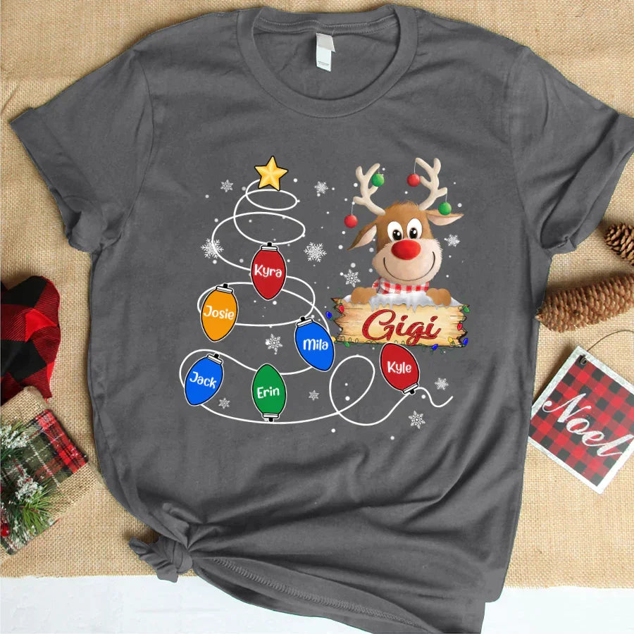 Lofaris Gigi Reindeer And Grandkids Lights Christmas T-Shirt