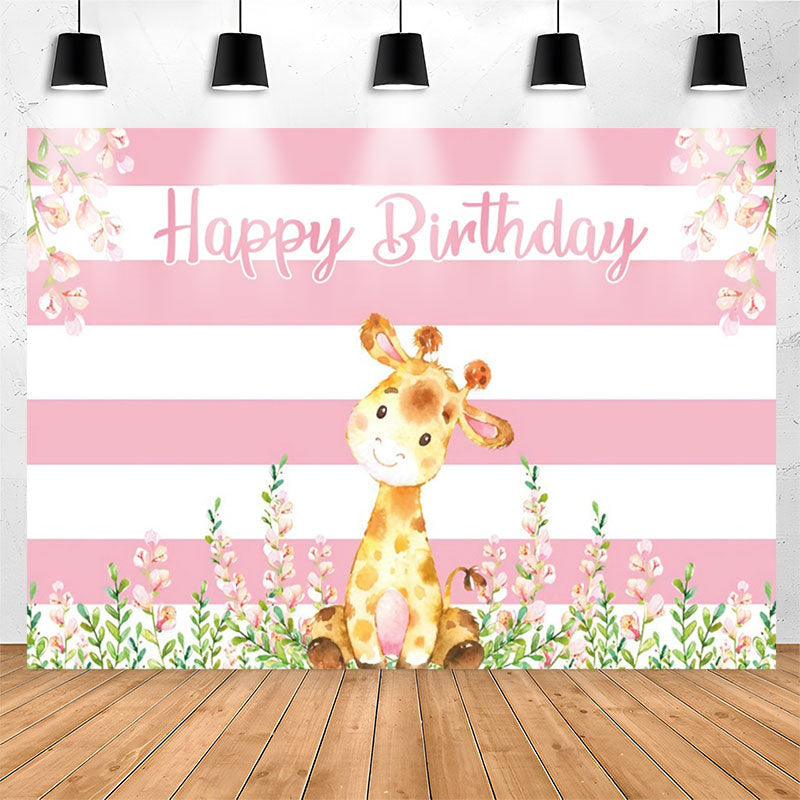 Lofaris Giraffe Floral Pink White Stripes Birthday Backdrop