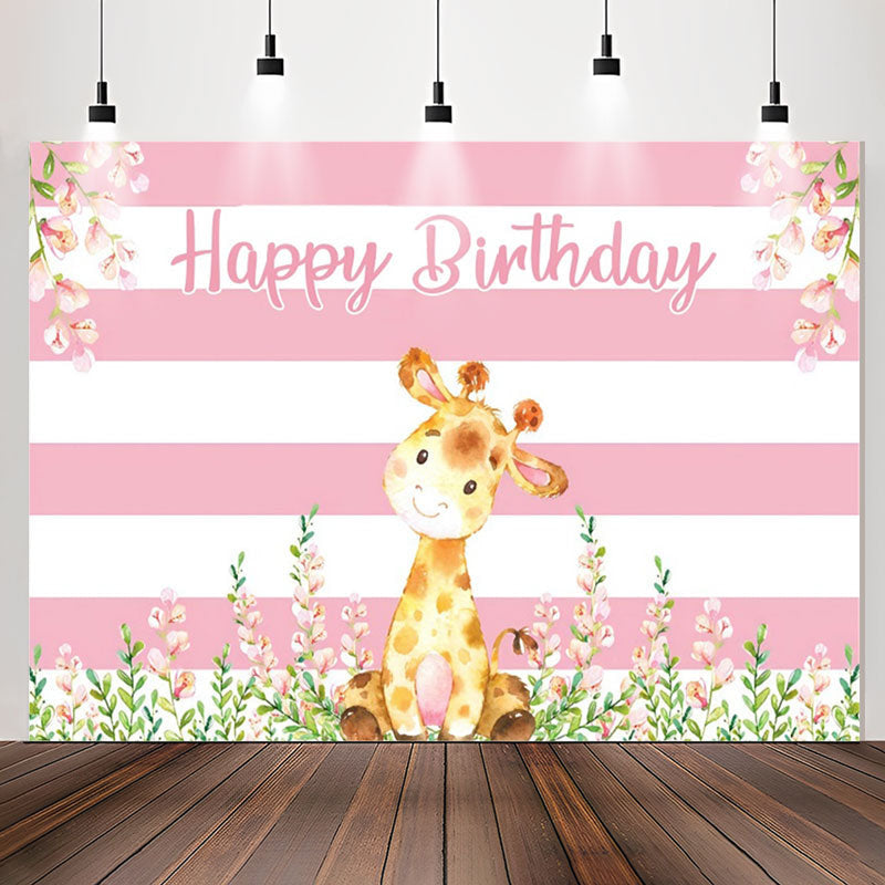 Lofaris Giraffe Floral Pink White Stripes Birthday Backdrop