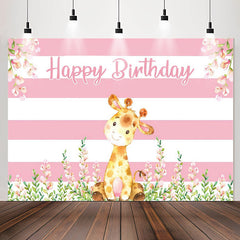 Lofaris Giraffe Floral Pink White Stripes Birthday Backdrop