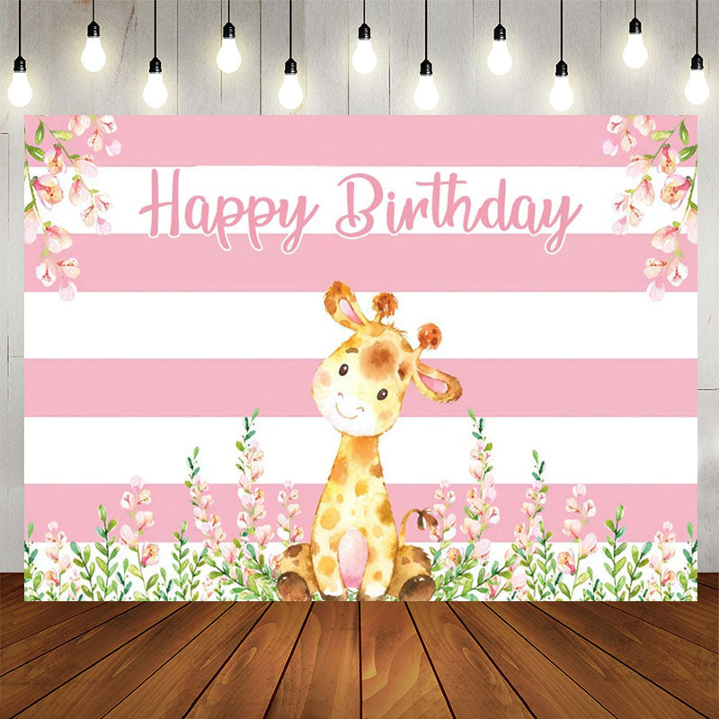Lofaris Giraffe Floral Pink White Stripes Birthday Backdrop