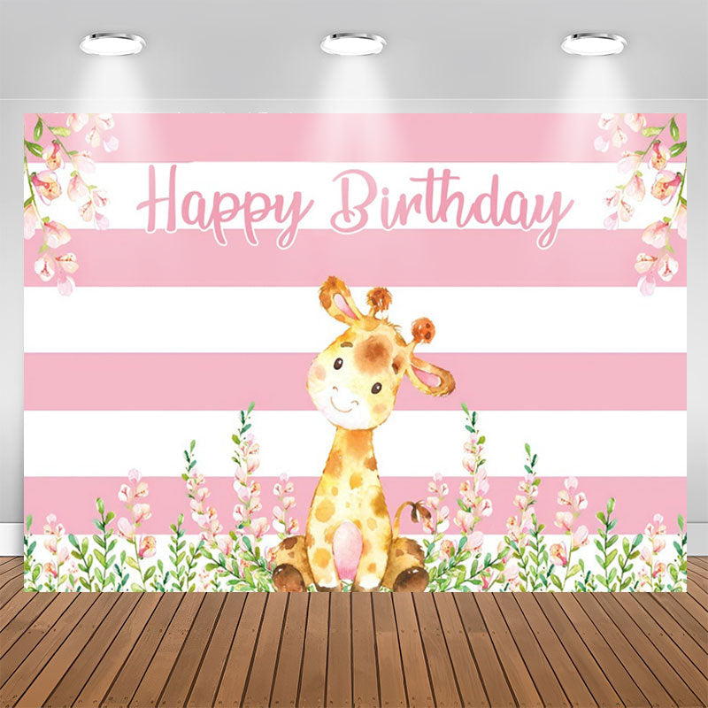 Lofaris Giraffe Floral Pink White Stripes Birthday Backdrop