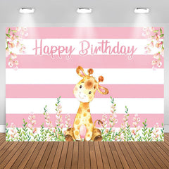 Lofaris Giraffe Floral Pink White Stripes Birthday Backdrop