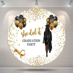 Lofaris Glitter Black Gold She Did It Grad Round Backdrop