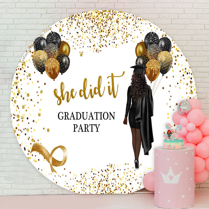 Lofaris Glitter Black Gold She Did It Grad Round Backdrop