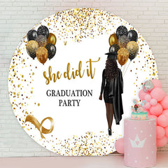 Lofaris Glitter Black Gold She Did It Grad Round Backdrop