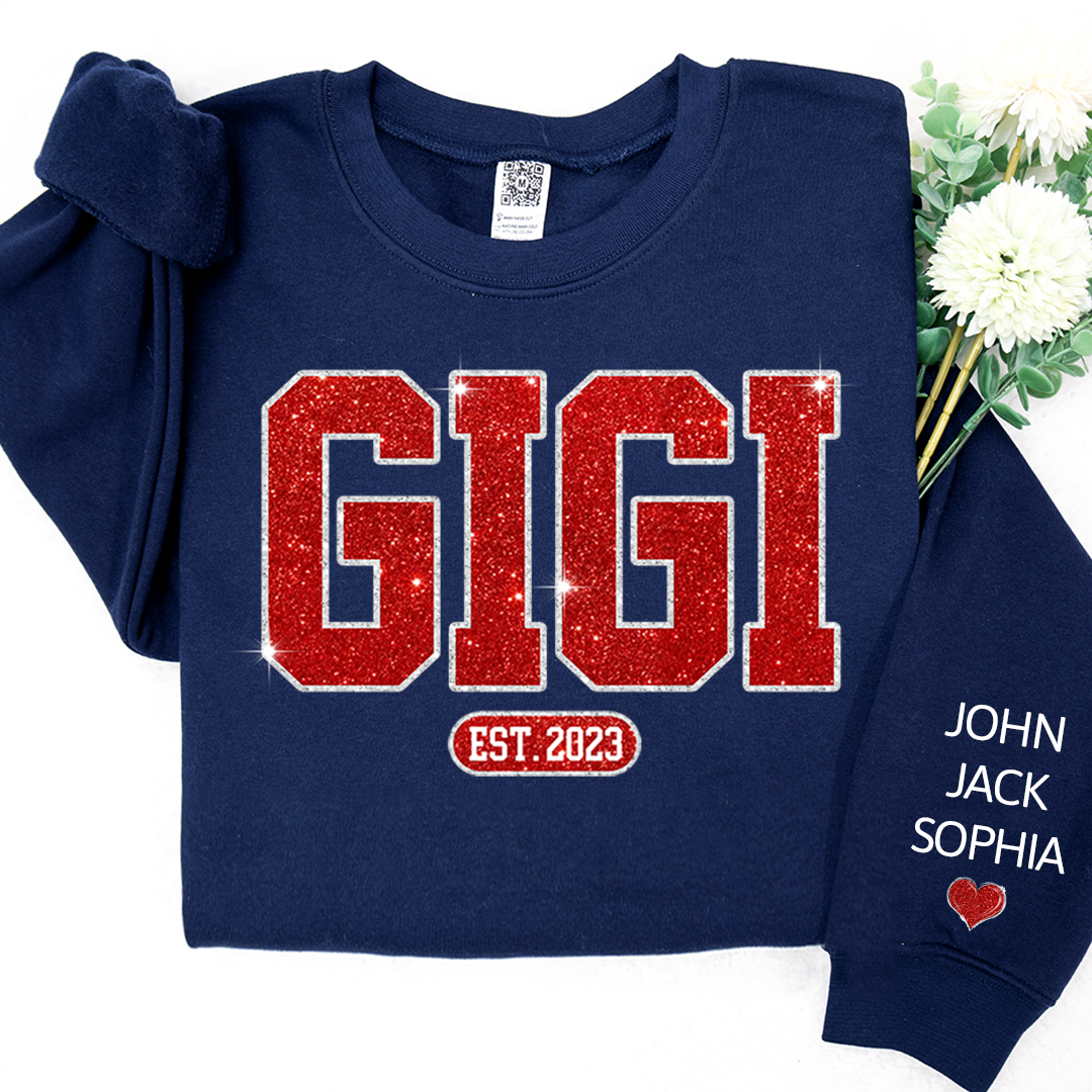 Lofaris Glitter Custom Name Gigi Grandma Est Kids Sweatshirt