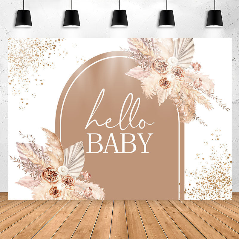Lofaris Glitter Floral Brown Hello Baby Shower Party Backdrop
