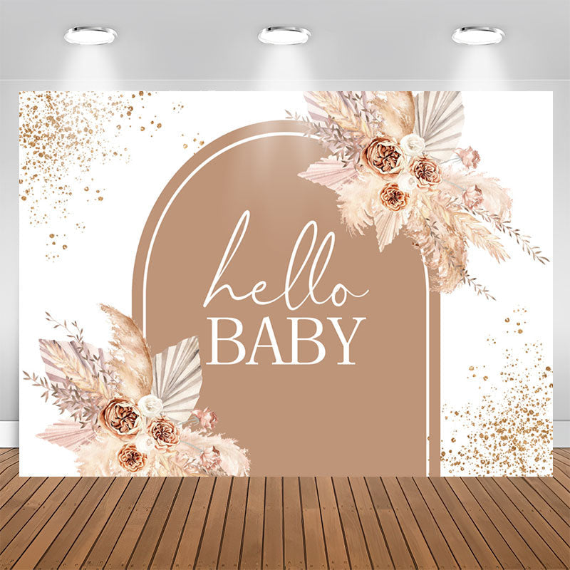 Lofaris Glitter Floral Brown Hello Baby Shower Party Backdrop