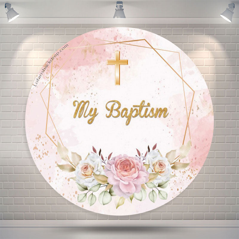 Lofaris Glitter Floral Cross My Baptism Round Backdrop Cover