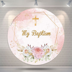 Lofaris Glitter Floral Cross My Baptism Round Backdrop Cover