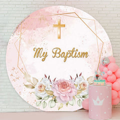Lofaris Glitter Floral Cross My Baptism Round Backdrop Cover